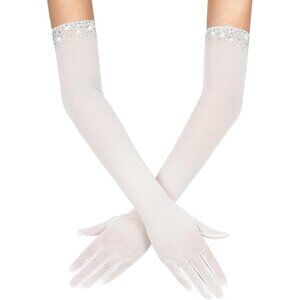 Women's Sexy Pearl White Beaded Long Gloves Tulle Mesh Wedding Party Prom